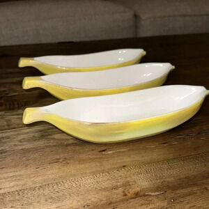 Vintage MCM Yellow Ceramic Banana Sundae Boat Dishes Ice Cream Japan